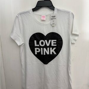 PINK Victoria's Secret White Short Sleeve Tee with Black Heart Logo
